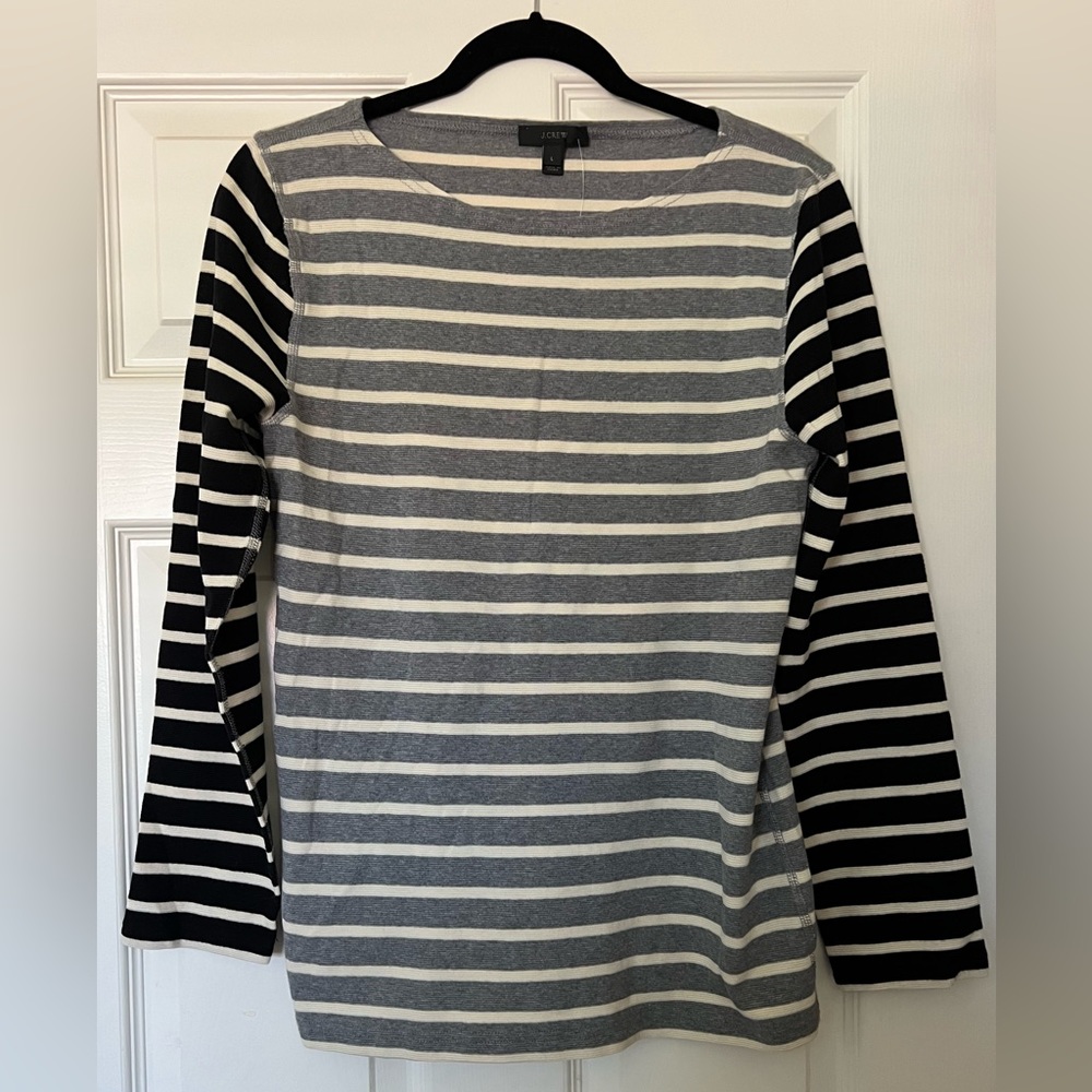 J Crew Womens Striped Shirt Long Sleeve Cotton Stretch Black/Gray/Cream Size L